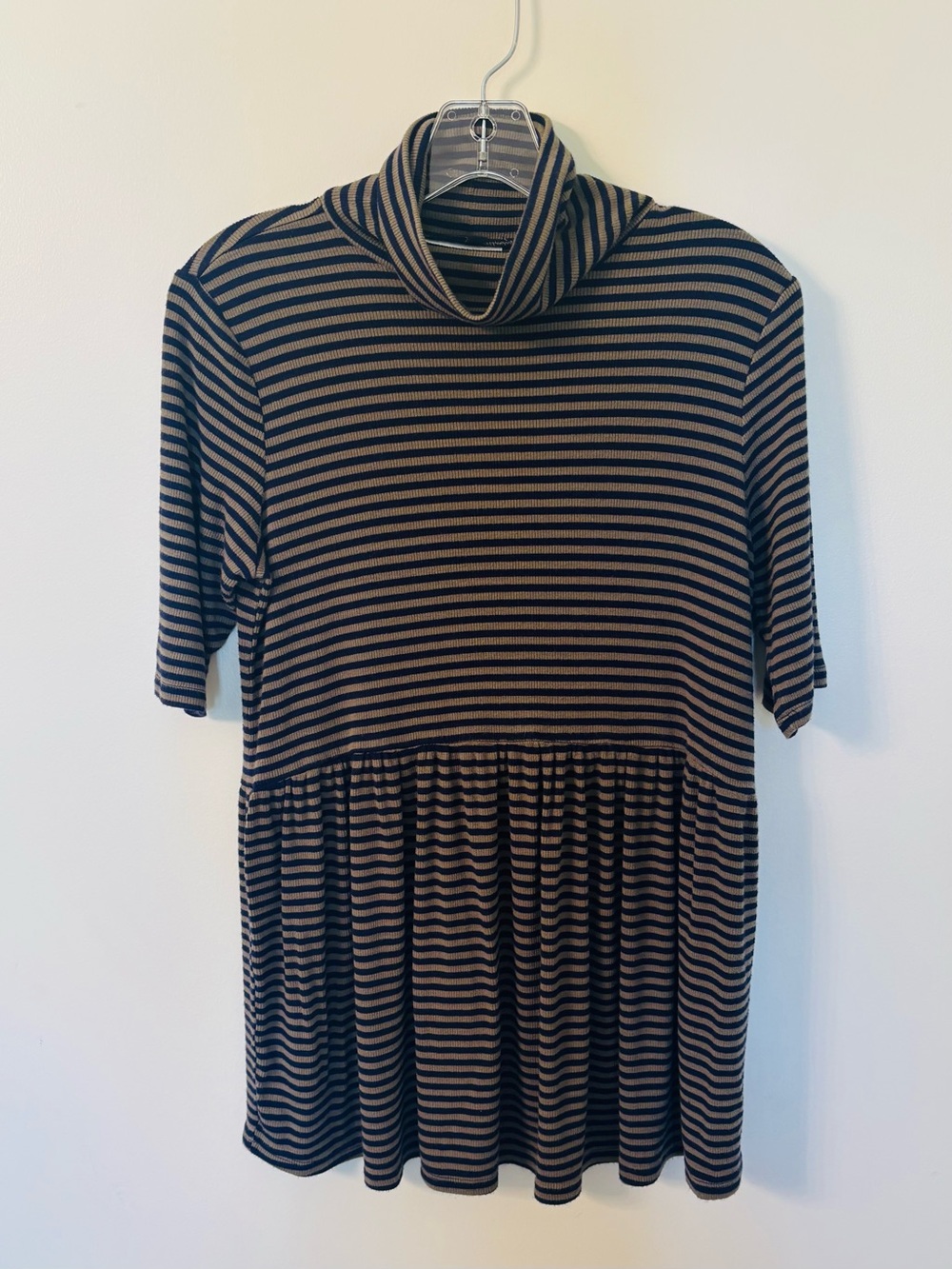 Maternity - Striped Turtleneck Peplum Top in Navy Blue and Green - Medium